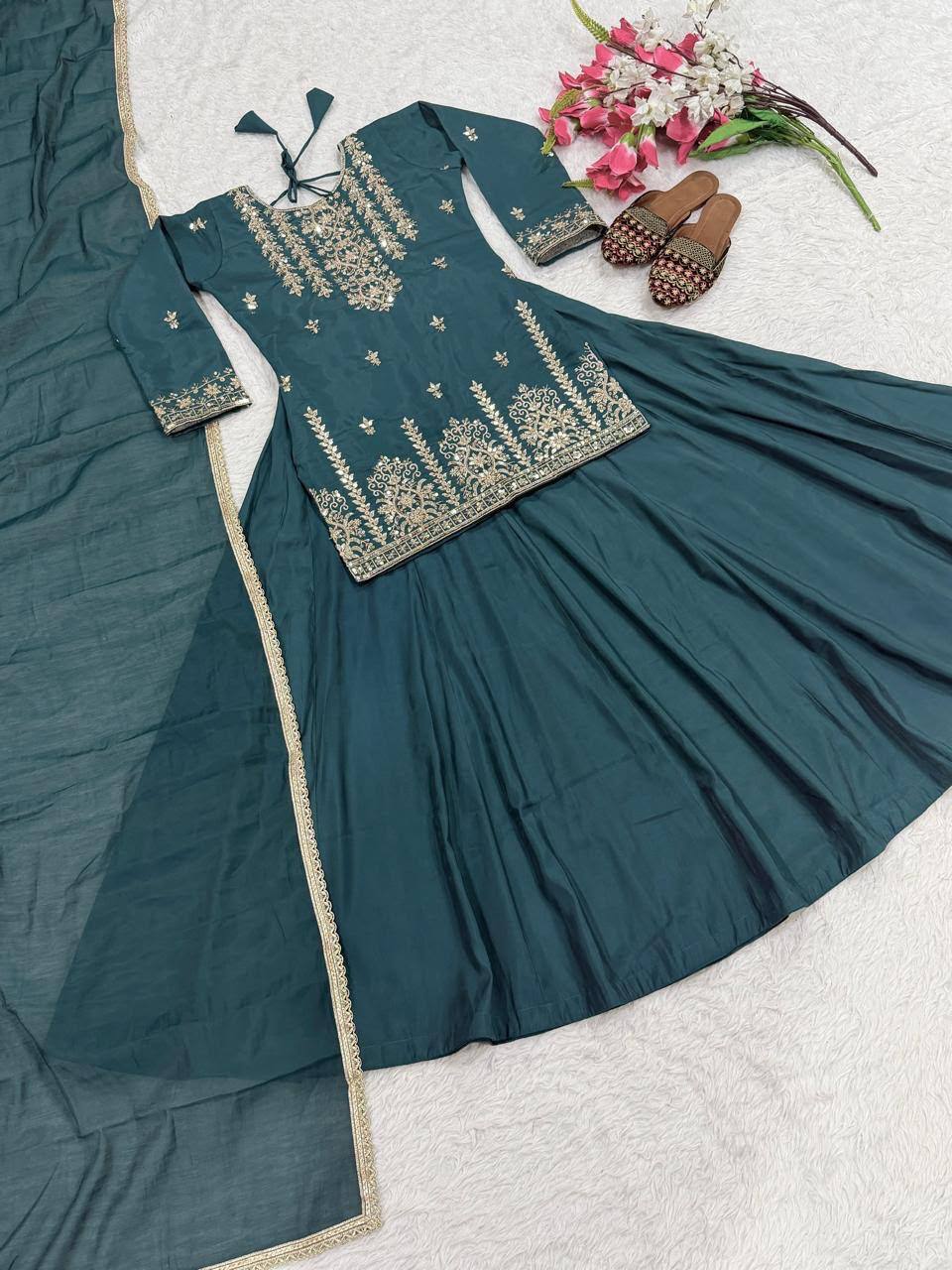 Exquisite Rama Green Peplum Kurti and Flared Skirt Set Adorned with Intricate Gold Zari Embroidery and a Matching Sheer Dupatta